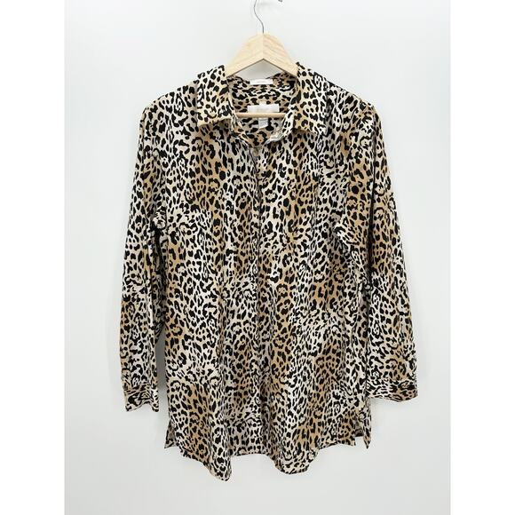 Chico Button Down Tunic Shirt Women 2 Large Leopard Print Long Top No-Iron - Picture 1 of 8